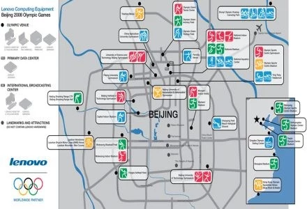 Diagram obiektów olimpijskich, w których zostaną wykorzystane urządzenia komputerowe Lenovo