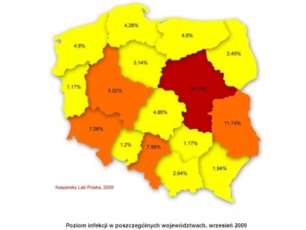 Poniższa mapa prezentuje poziom infekcji w poszczególnych województwach