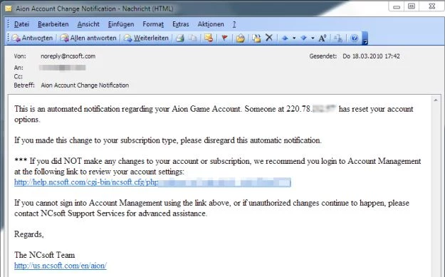 Przykład wiadomości phishingowej przeznaczonej dla fanów gry Aion