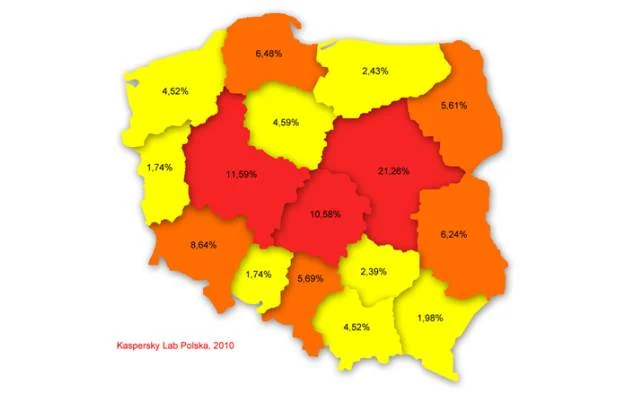 Poziom infekcji w poszczególnych województwach, maj 2010 według Kaspersky Lab