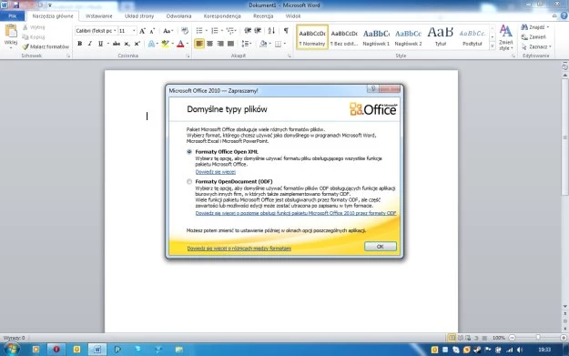 W trakcie pierwszego uruchomienia, Office 2010 pozwala na wybranie domyślnych typów plików