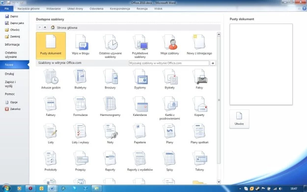 Office 2010 oferuje liczne szablony dokumentów. Większość z nich dostępna jest online