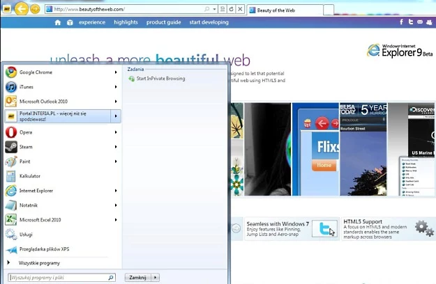 Integracja Windows 7 z Internet Explorer 9 to "oczywista oczywistość"