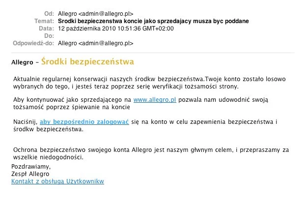 Phishingowa wiadomość e-mail skierowana przeciwko użytkownikom Allegro