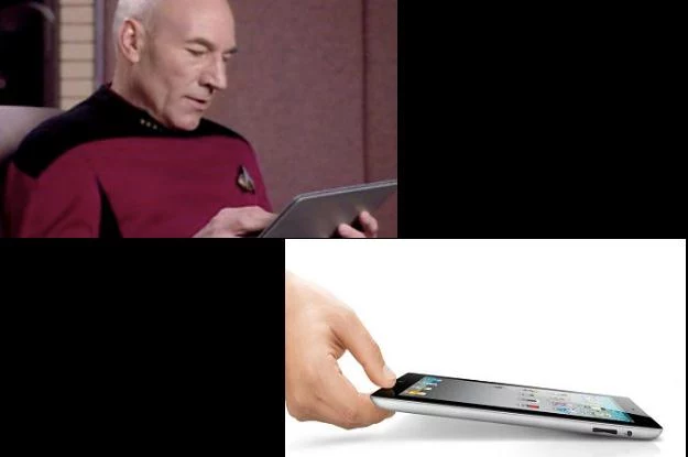 Kapitan Jean-Luc Picard ("Star Trek: NG") i jego tablet. Może to iPad, a może coś na Androidzie