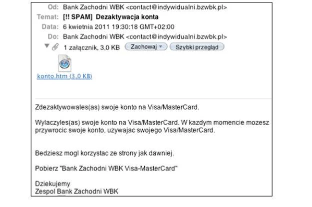 Zrzut ekranu wiadomości phishingowej docierającej do użytkowników