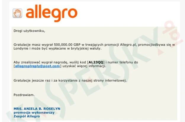Zrzut ekranu wiadomości phishingowej wysyłanej do użytkowników Allegro Zrzut ekranu wiadomości phishingowej wysyłanej do użytkowników Allegro