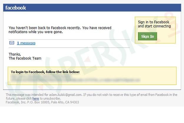 Sfałszowana wiadomość e-mail z powiadomieniem od Facebooka