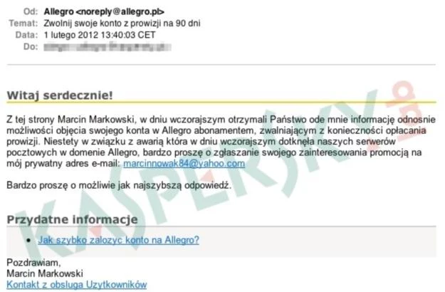Druga wiadomość phishingowa wysyłana do użytkowników portalu Allegro przez oszusta