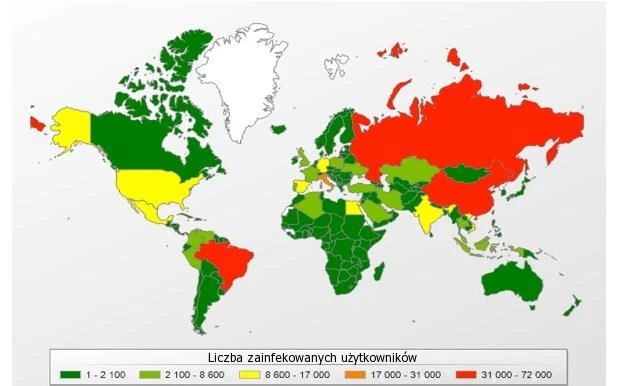 Mapa przedstawiająca poziom infekcji trojanami bankowymi w poszczególnych krajach