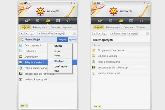 Moje pliki i folder "Dla znajomych" w GG Dysk