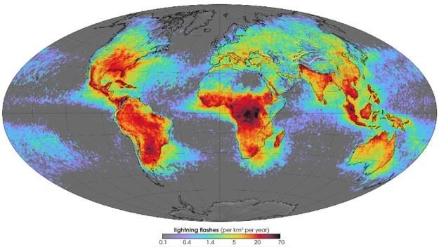 Mapa wyładowań amerykańskiej agencji NASA.    Fot. NASA