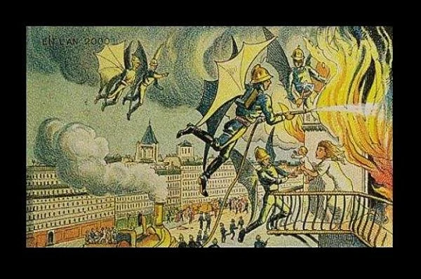 Tak straż pożarną wyobrażano sobie pod koniec XIX wieku - rodem z wizjonerskich ilustracji Leonarda da Vinci. Zamiast skrzydeł mamy dzisiaj śmigłowce