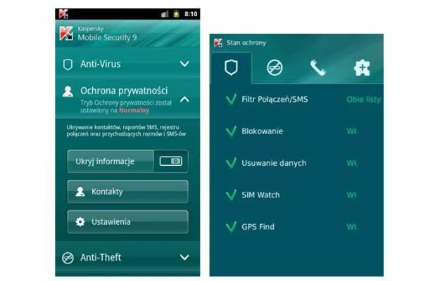 Kaspersky Mobile Security w systemach Android (z lewej),  BlackBerry (z prawej)