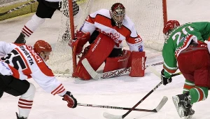 Hokeista Comarch Cracovii Patryk Noworyta (L) walczy o krążek z Łukaszem Podsiadło (P) z Zagłębia Sosnowiec. W bramce Rafał Radziszewski (C) z Cracovii
