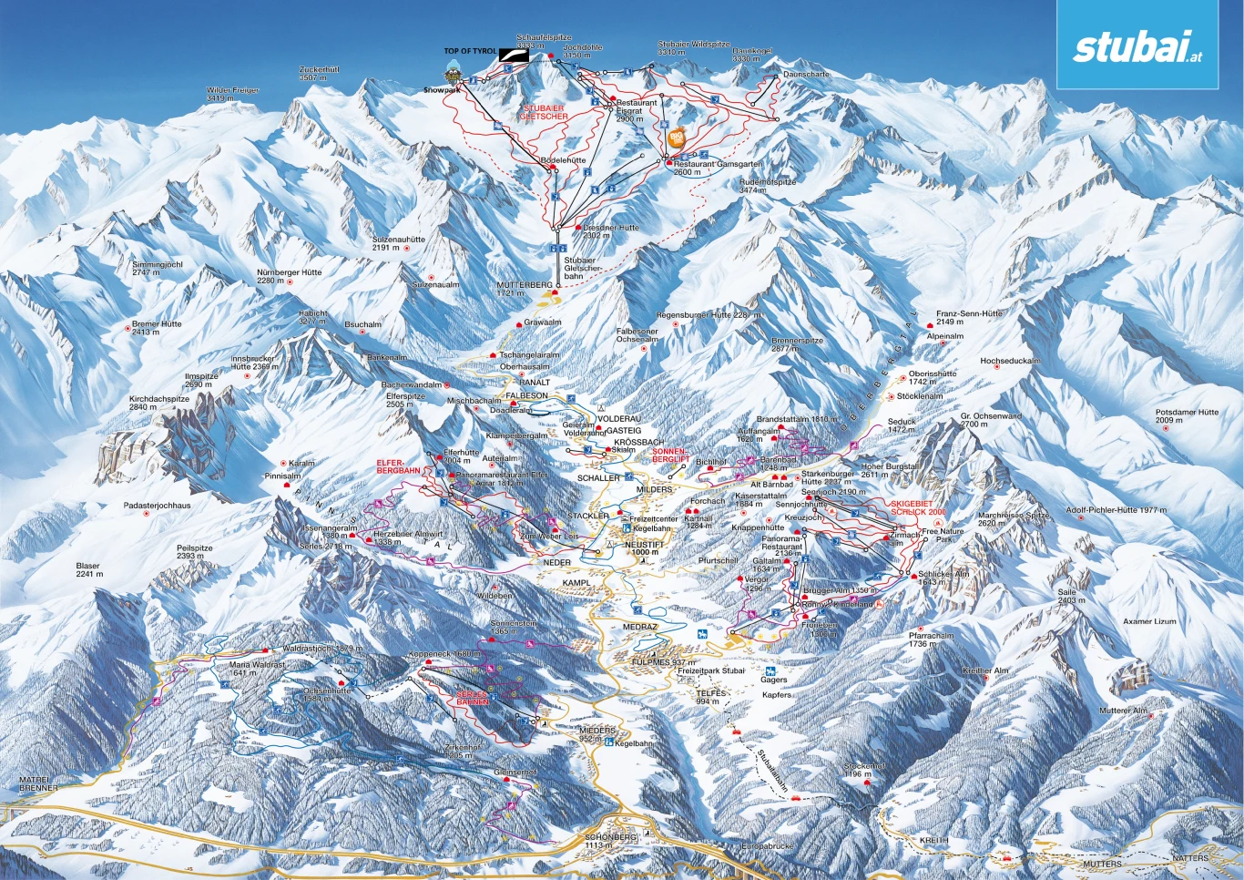 Mapa tras narciarskich - lodowiec Stubai