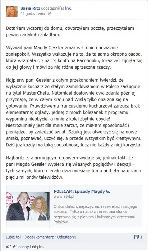 Wpis Basi na Facebooku Wpis Basi na Facebooku