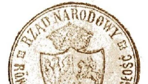 Herb Powstania: Obok polskiego orła jest w nim litewska Pogoń i Archanioł, symbol Rusi