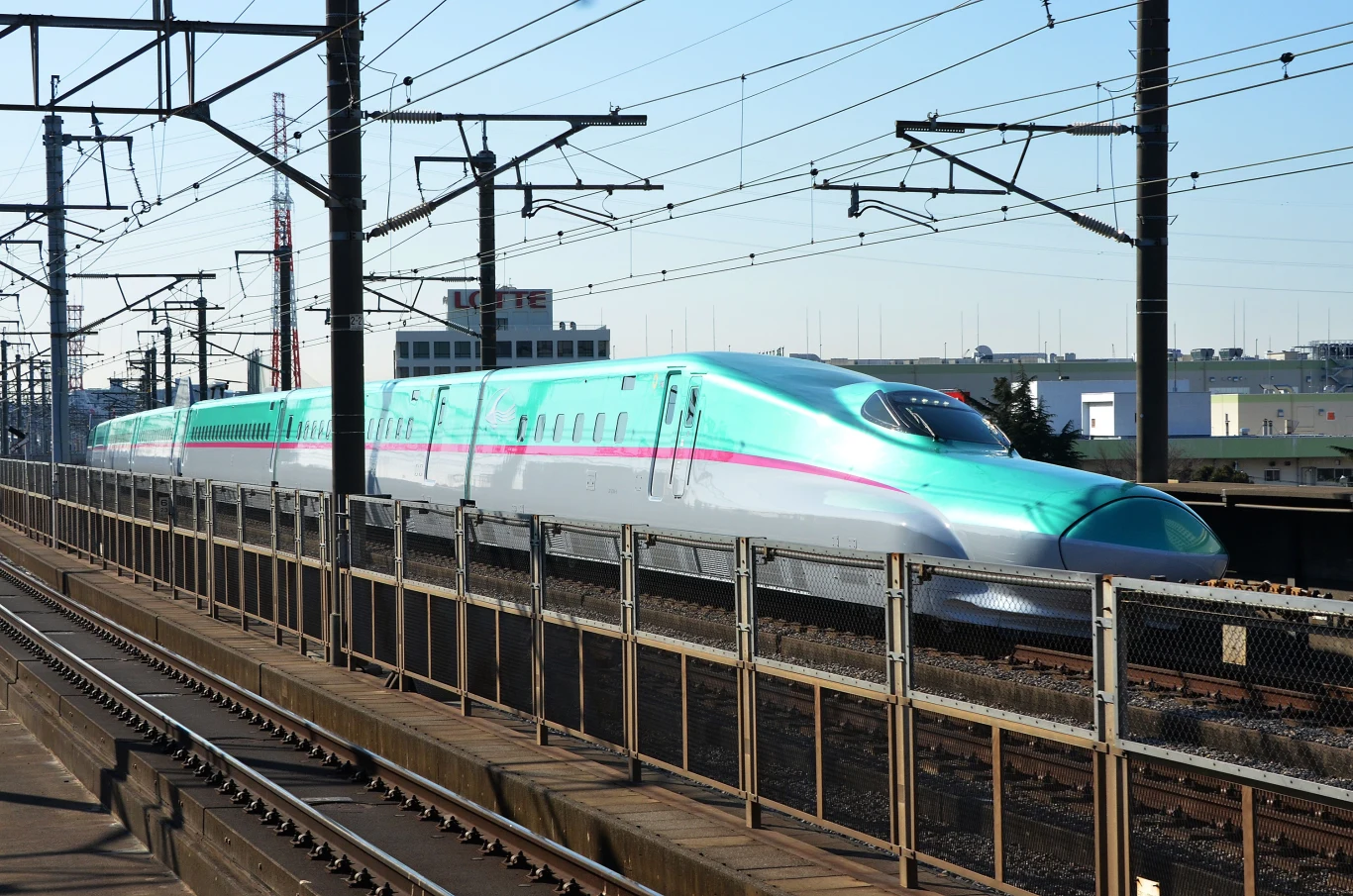 Japoński pociąg Hayabusa. Na trasie osiąga prędkość ok. 300 km/h