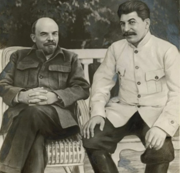 Lenin i Stalin na wspólnym zdjęciu. Przeróbka z 1949 roku