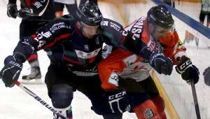 Hokeista JKH GKS Jastrzębie Richard Bordowski (P) walczy o krążek z Radosławem Galantem (L) z GKS Tychy