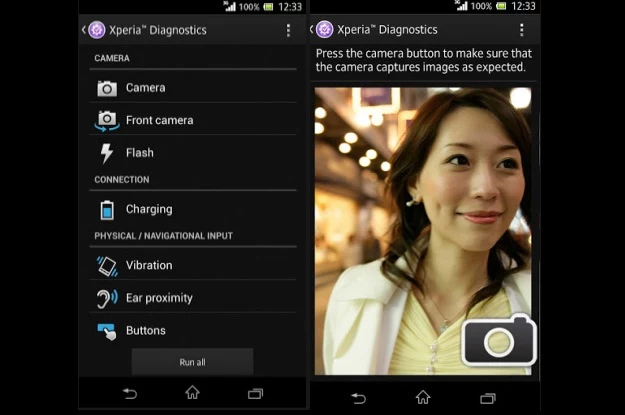 Aplikacja Xperia Diagnostics - zrzuty ekranu z wersji anglojęzycznej
