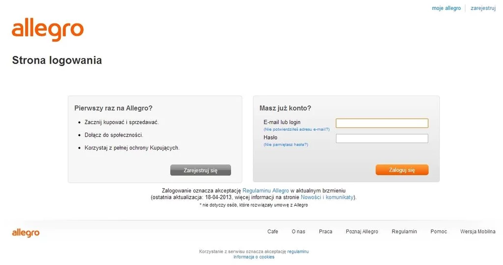 Oryginalna strona logowania do serwisu Allegro.pl. Ta usługa jest bezpieczna