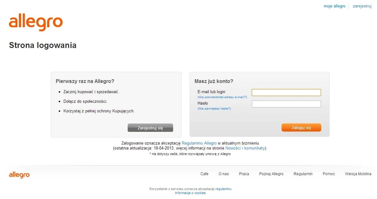 Oryginalna strona logowania do serwisu Allegro.pl. Ta usługa jest bezpieczna