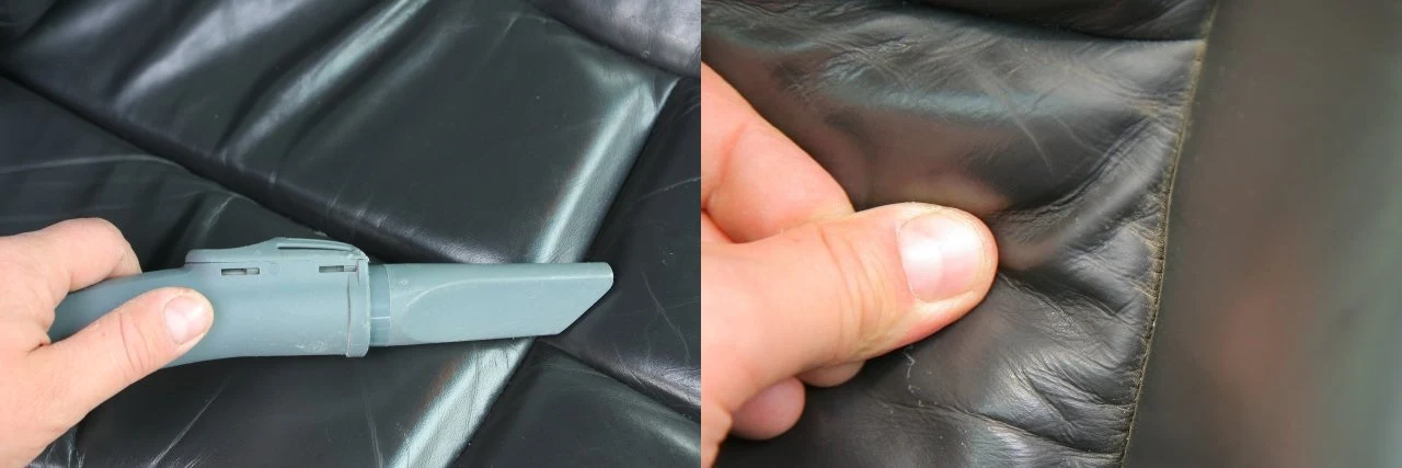 1. Odkurzanie: przed czyszczeniem i impregnacją tapicerki należy ją dobrze odkurzyć. Drobiny piachu mogą przyczynić się do powstania nieestetycznych zadrapań. Aby usunąć brud z zagłębień tapicerki, trzeba odgiąć je ręką. Zamiast odkurzacza można użyć sprężonego powietrza.