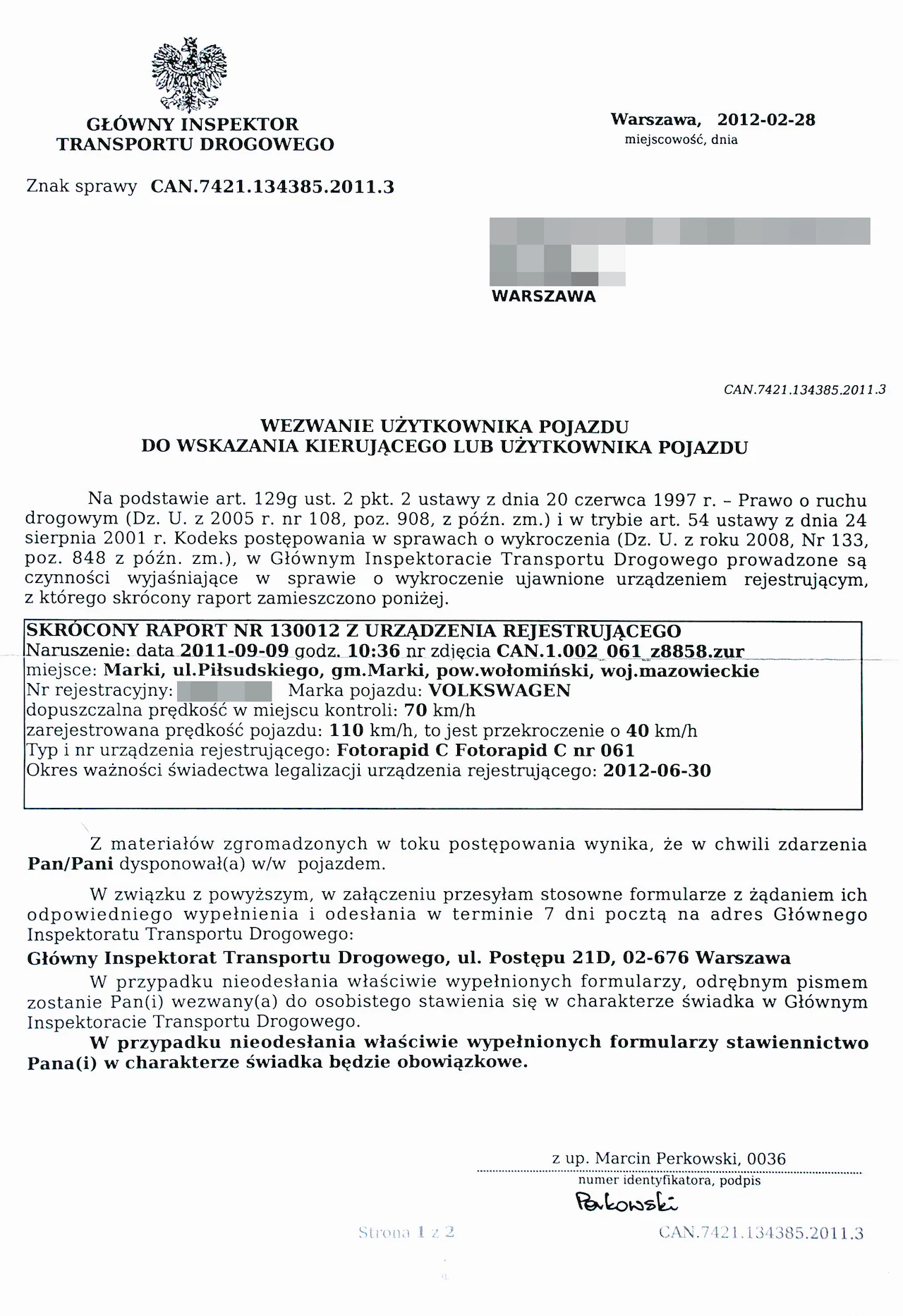 Wezwanie użytkownika pojazdu do wskazania kierującego lub użytkownika pojazdu Wezwanie użytkownika pojazdu do wskazania kierującego lub użytkownika pojazdu