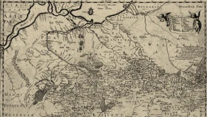 Mapa ziem ukrainnych Rzeczypospolitej w XVII wieku. W pierwotnym pojęciu Ukraina oznaczała kresy, nie obejmowała Rusi Czerwonej, Czarnej, Białej ani Wołynia 
