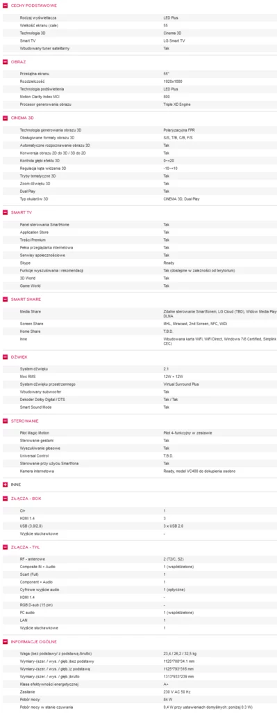 Specyfikacja telewizora LG  LA740S - informacje pochodzą ze strony www.lg.com