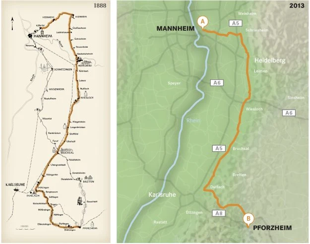 Droga pokonana w 1888 roku przez Berthę Benz i ta z 2013 roku, autonomicznie przejechana przez S 500. Droga pokonana w 1888 roku przez Berthę Benz i ta z 2013 roku, autonomicznie przejechana przez S 500.