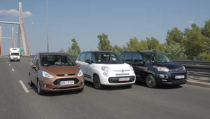 Trzy pomysły na miejskiego minivana, czyli Citroen, Fiat i Ford. Najnowsze 500L jest największe spośród konkurentów.