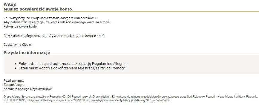 Fałszywy mail podszywający się pod wiadomość od Allegro