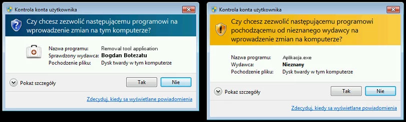 Cyfrowo podpisana aplikacja (po lewej) i zwykły plik wykonywalny (po prawej) próbują uzyskać uprawnienia administracyjne. Komunikaty UAC różnią się od siebie.