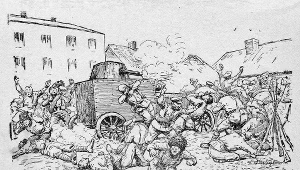 Rycina przedstawiająca końcowe walki zagonu na Kowel - ilustracja pochodzi z książki Leonarda Żyrkiewicza "Co każdy żołnierz o samochodzie pancernym wiedzieć powinien", Warszawa 1930