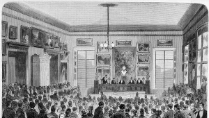 Akademia Umiejętności w Krakowie. Posiedzenie otwarte z okazji jubileuszu kopernikowskiego. Ilustracja z XIX wieku