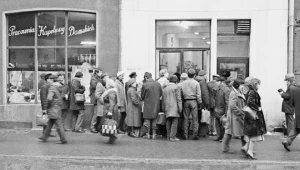 Kolejka przed sklepem w Gdańsku, rok 1982