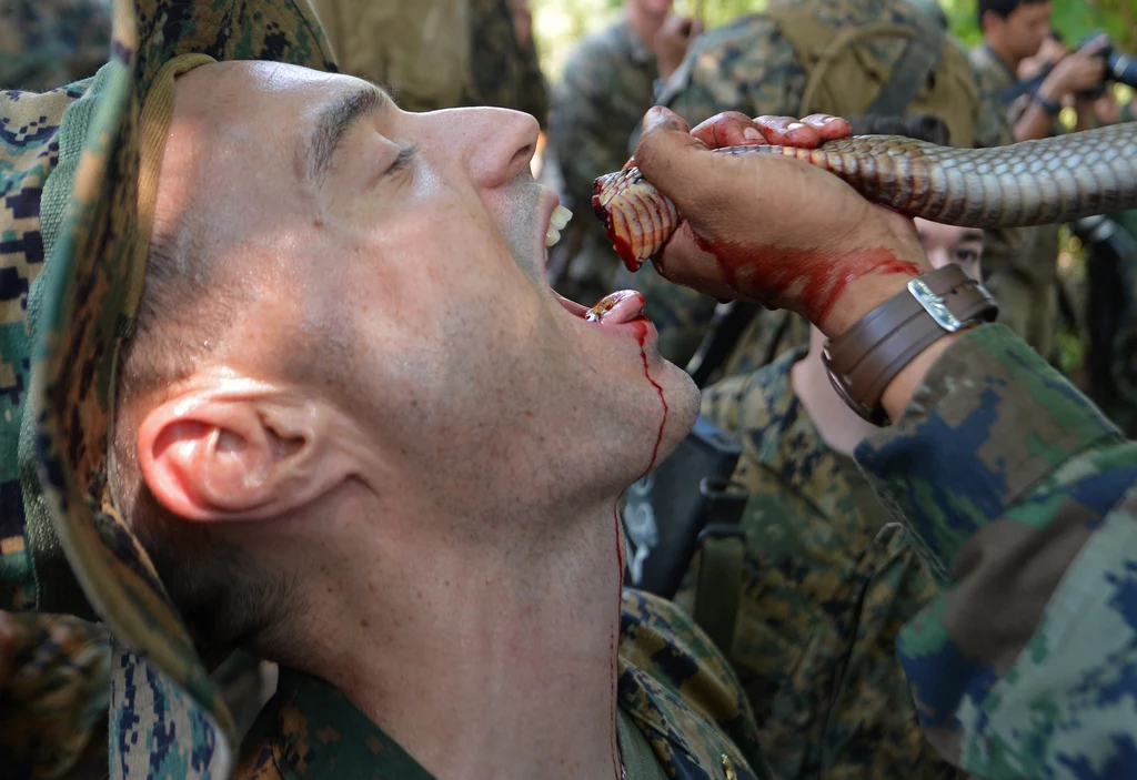 Mimo, że każdy komandos umie zdobyć pożywienie w terenie, to jednak nie musi tego robić. Na zdjęciu szkolonny Marines