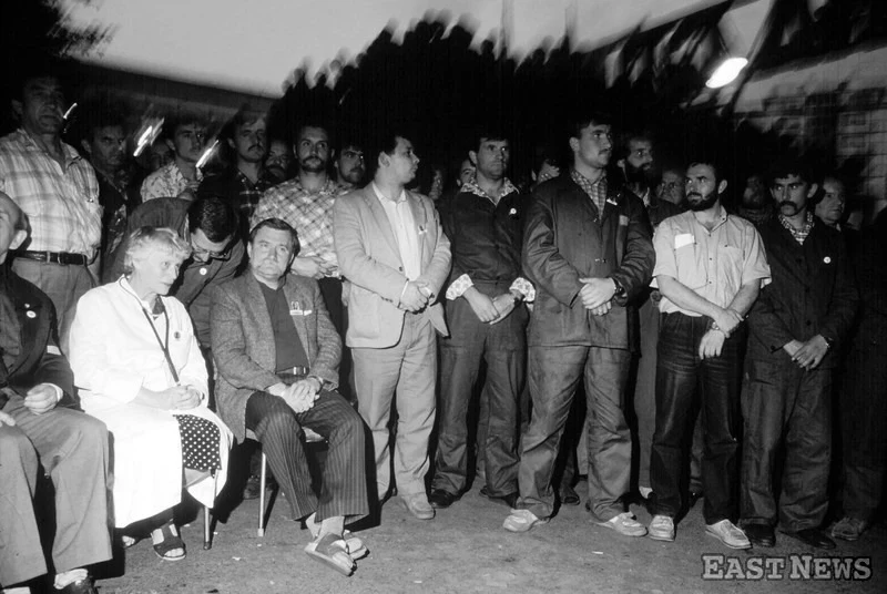 Strajk w Stoczni 1988. Lech Wałęsa i Jarosław Kaczyński, Jacek Merkel, Joanna Penson 