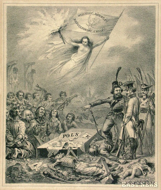 Alegoria upadku powstania listopadowego: "Kamien grobowy Polski". Autor nieznany. Wyd. Bernard Lemercier, Paryż po 1831 Alegoria upadku powstania listopadowego: "Kamien grobowy Polski". Autor nieznany. Wyd. Bernard Lemercier, Paryż po 1831