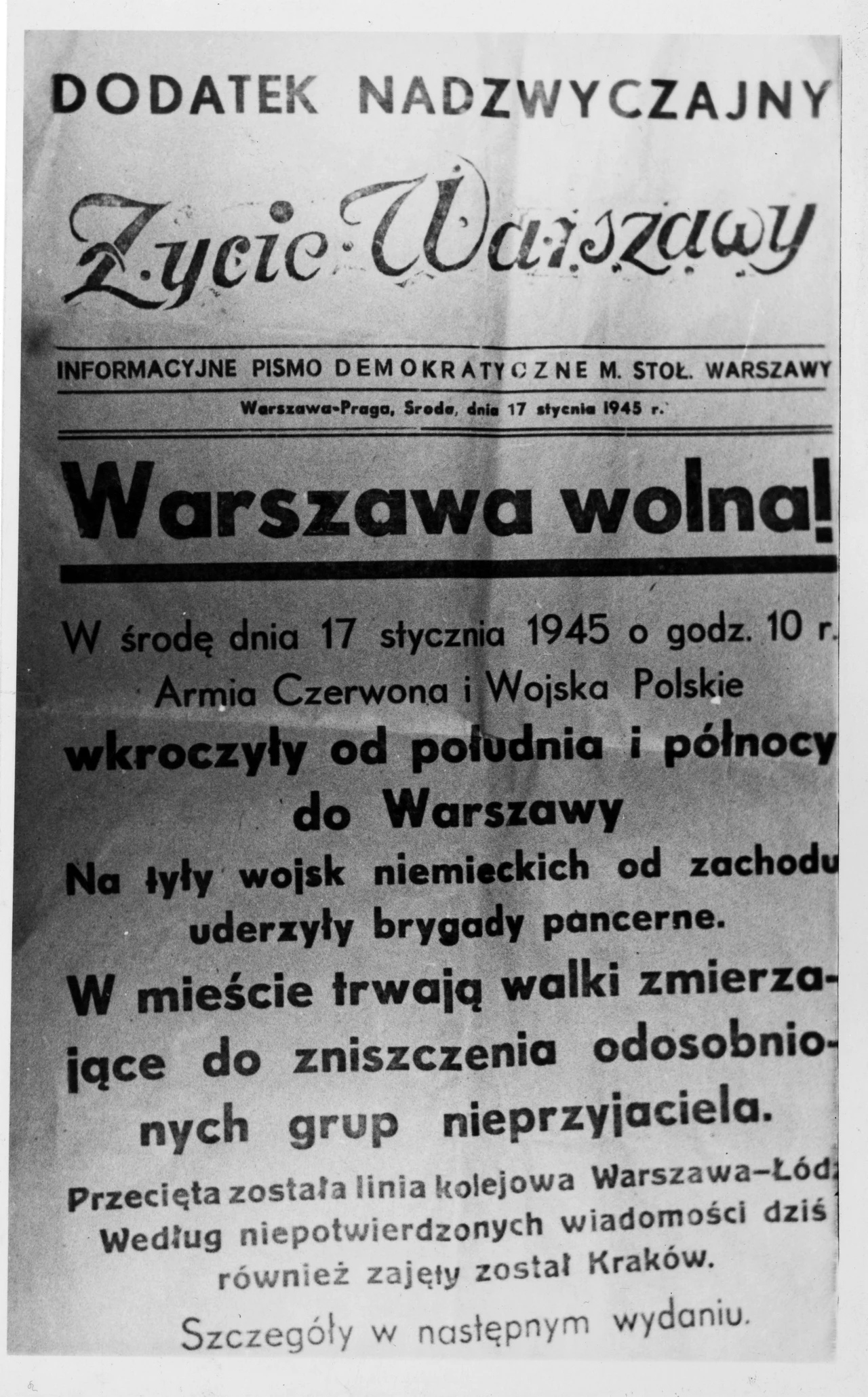 17.01.1945. Dodatek Nadzwyczajny do "Życia Warszawy" po wkroczeniu Armii Czerwonej do stolicy