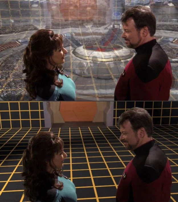 Holodeck - technologia tworząca projekcę świata wokół osoby, która przebywa w pomieszczeniu (w Holodecku) - kadr z produkcji "Star Trek". Holodeck - technologia tworząca projekcę świata wokół osoby, która przebywa w pomieszczeniu (w Holodecku) - kadr z produkcji "Star Trek".