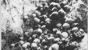 Szczątki mieszkańców Woli Ostrowskiej na Wołyniu, zamordowanych przez nacjonalistów z UPA 30 sierpnia 1943 r. Fotografia z ekshumacji z 1992 roku