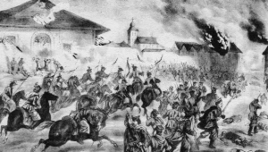 Powstanie styczniowe - bitwa pod Miechowem. Pocztówka wydana we Lwowie na przełomie XIX i XX w.