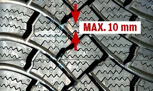 Max. 10 mm pomiędzy sąsiednimi nacięciami bieżnika to warunek pracy na śniegu.