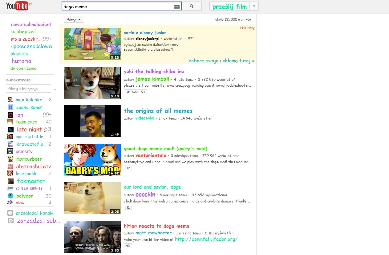 Serwis YouTube po wpisaniu „doge meme”. Serwis YouTube po wpisaniu „doge meme”.