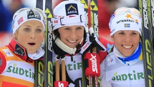 Od lewej Therese Johaug, Marit Bjoergen i Charlotte Kalla