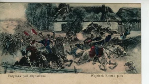 Bitwa pod Młynarzami w powstaniu listopadowym, 15 lipca 1831 r. Mal. Wojciech Kossak. Pocztówka wydana w Poznaniu przed 1918 r.
